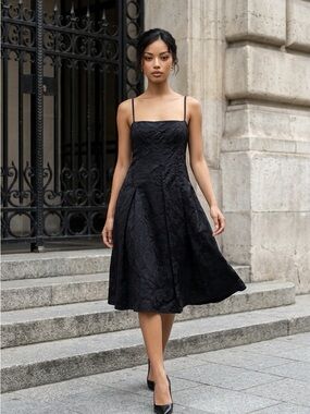 DESIGNER DERERCUNY BLACK STITCHED FLOWER PRINT PLEATED DRESS SZ 44 / 8 $800